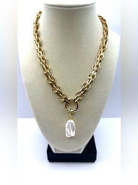 Gold Chain Necklace with Baroque Faux  Pearl Pendant Big Bold Chunky Chain Link